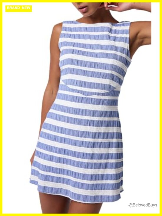 Dresses & Skirts - Striped Sleeveless Mini Dress High Neck V-Back Seamed Waist